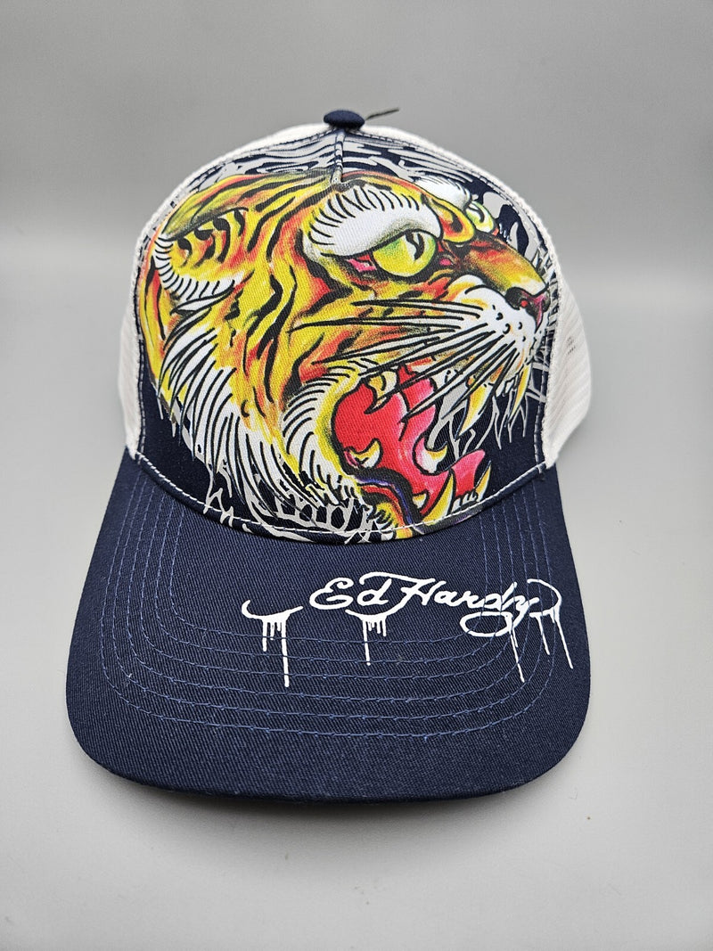 Ed Hardy Trucker Hat Tiger Tattoo Blue White Mesh Snapback Cap
