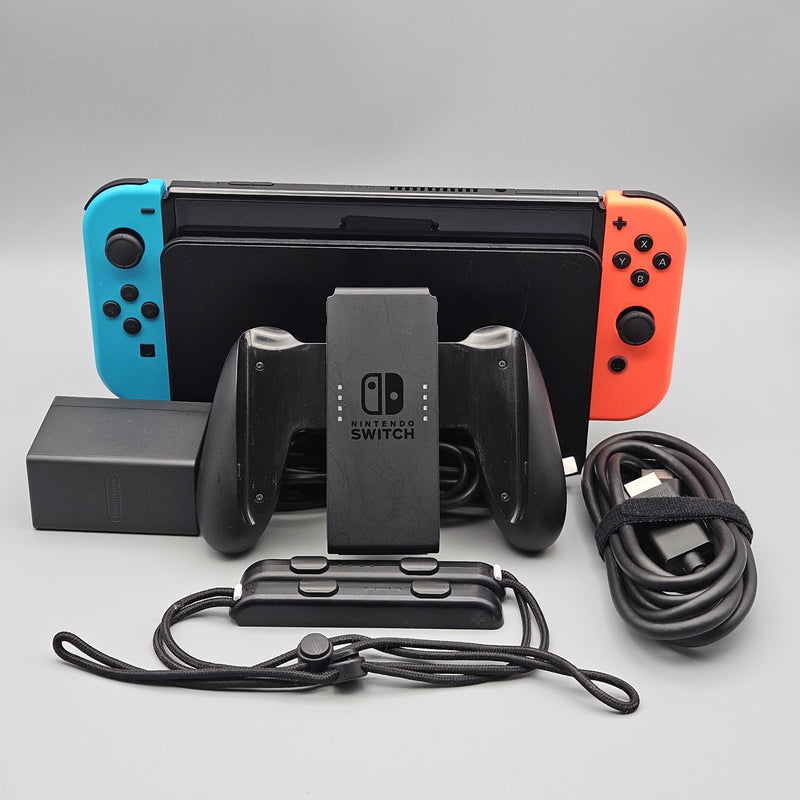 Nintendo Switch OLED 64GB Neon Red + Blue Joy Con Dock Bundle Excellent