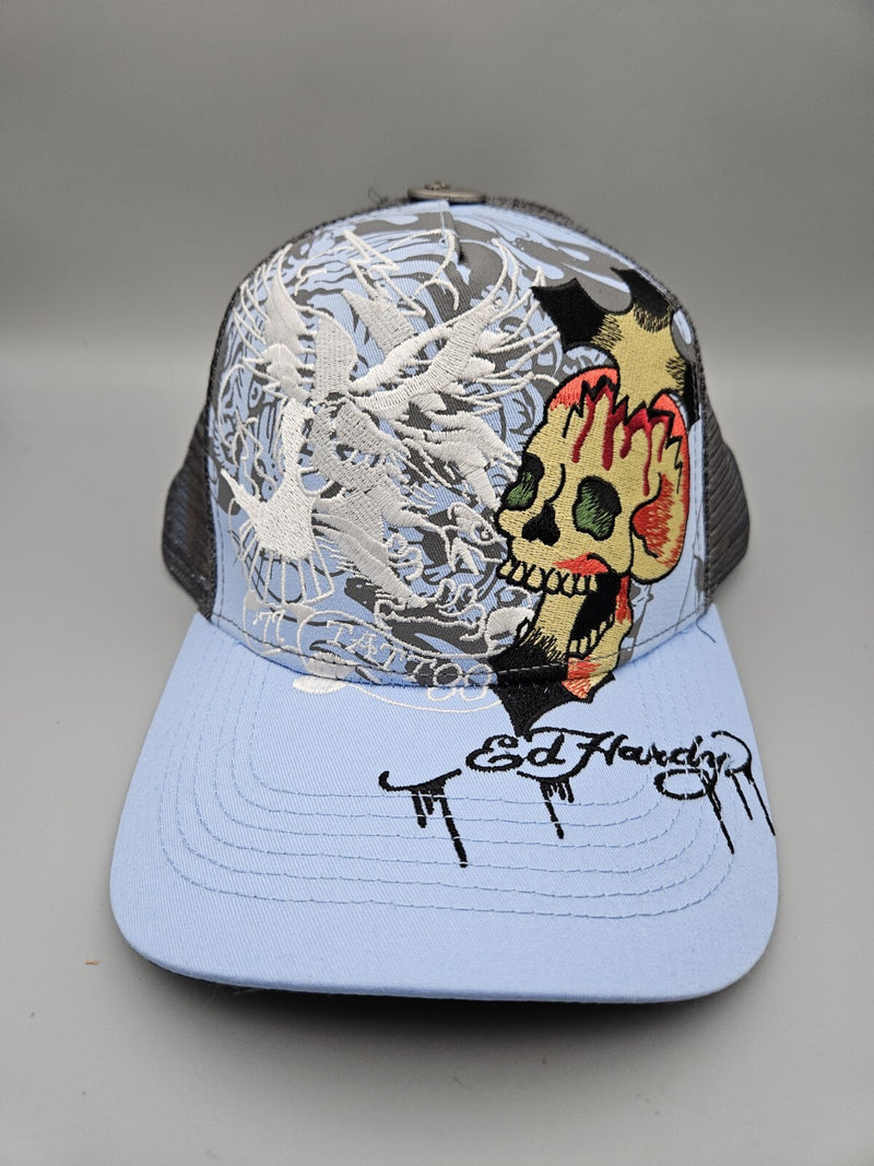 Ed Hardy Trucker Hat Embroidered Tattoo Eagle Skull Blue Sky Mesh Snapback Cap